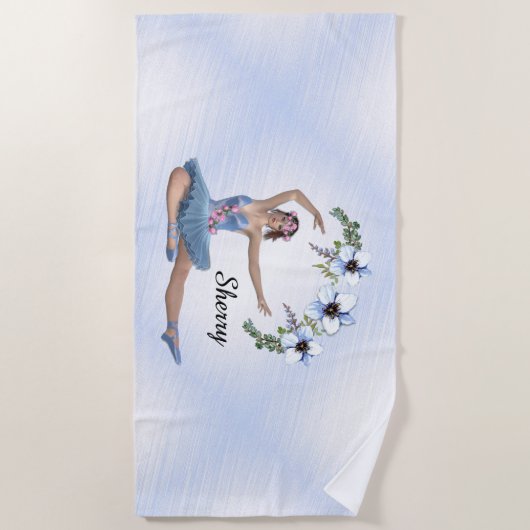 Serviette De Plage Ballerina en bleu Nom personnel (Devant)