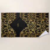 Serviette De Plage Balles d'or sur Monogramme noir (Devant)