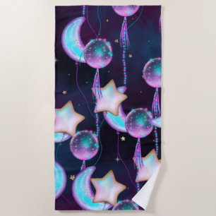 Serviette De Plage Ballons cosmiques   Blue Purple Moon Stars Planète