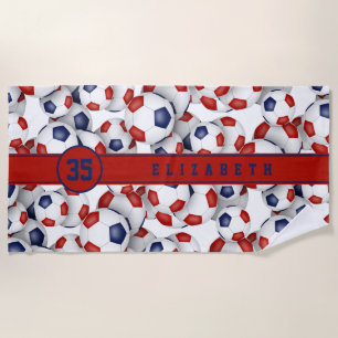 Serviette De Plage Ballons de football bleu rouge motif nom personnal