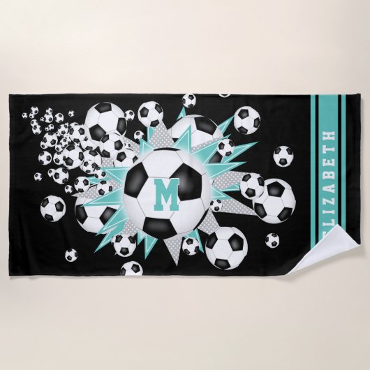 Serviette De Plage ballons de football lumière gris turquoise étoiles (Devant)