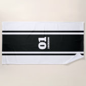 Serviette De Plage Bande de sport noir et blanc Nom et numéro (Devant)