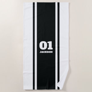 Serviette De Plage Bande de sport noir et blanc Nom et numéro