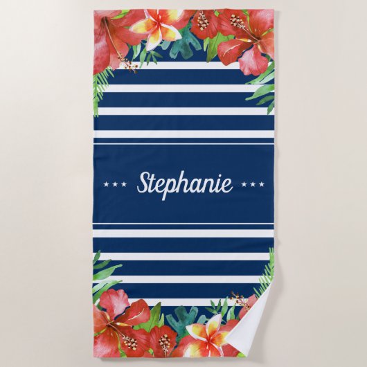 Serviette De Plage Bande Nautique Tropical Floral Personnalisé (Devant)