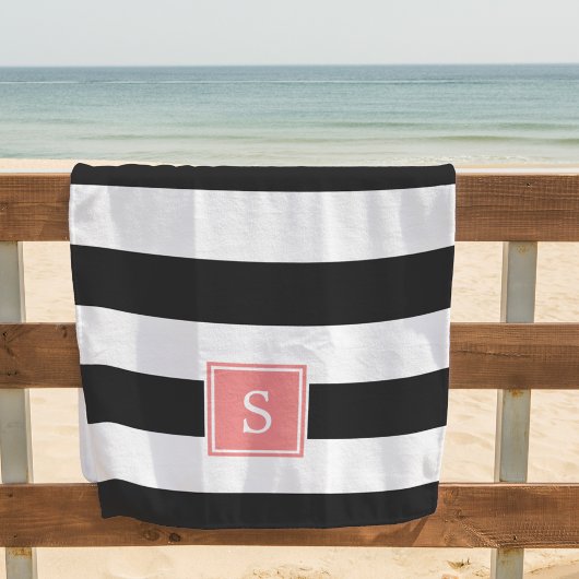 Serviette De Plage Bande noire et monogramme de corail