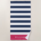 Serviette De Plage Bande rose et marine personnalisée (Devant)
