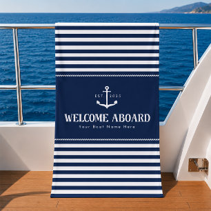 Serviette De Plage Bandeau personnalisé pour nom de bateau rayé bleu