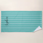 Serviette De Plage Bandes blanches sur nom de script Turquoise et noi (Devant)