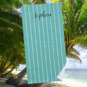 Serviette De Plage Bandes blanches sur nom de script Turquoise et noi