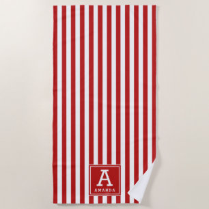 Serviette De Plage Bandes de cabane rouge et blanc Monogramme initial