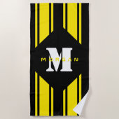 Serviette De Plage Bandes de course jaune noir Monogramme (Devant)