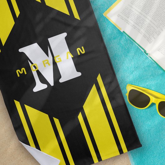Serviette De Plage Bandes de course jaune noir Monogramme