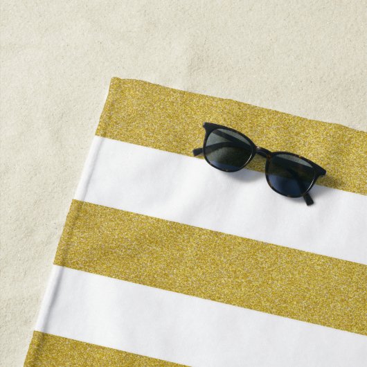 Serviette De Plage Bandes d'or, Blancs, Motif rayé (En situation)