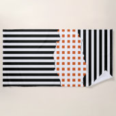 Serviette De Plage Bandes Élégantes Net Noir, Blanc, Orange (Devant)
