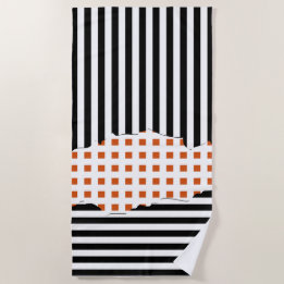 Serviette De Plage Bandes Élégantes Net Noir, Blanc, Orange