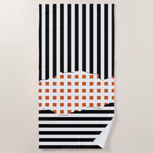 Serviette De Plage Bandes Élégantes Net Noir, Blanc, Orange (Devant)