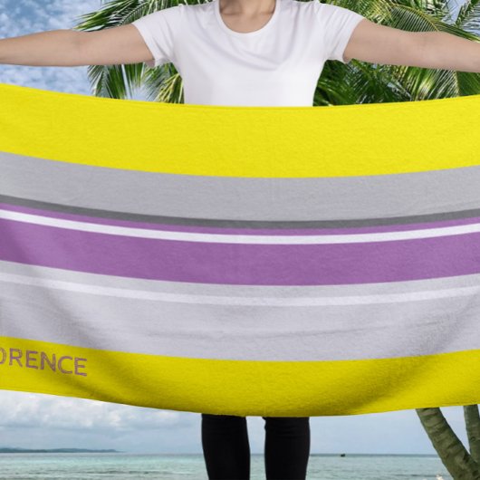 Serviette De Plage Bandes gris violet jaune - personnalisées