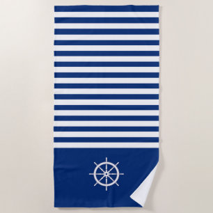 Serviette De Plage Bandes Nautiques+Navires Roue Bleu+Blanc