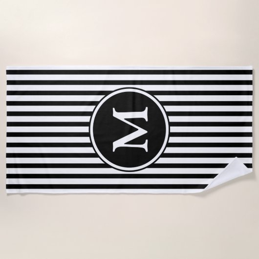Serviette De Plage Bandes noires et blanches monogrammes (Devant)