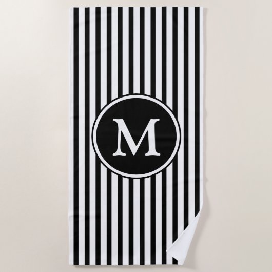 Serviette De Plage Bandes noires et blanches monogrammes (Devant)