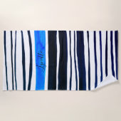 Serviette De Plage Bandes peintes en noir, blanc, bleu méditerranéen (Devant)