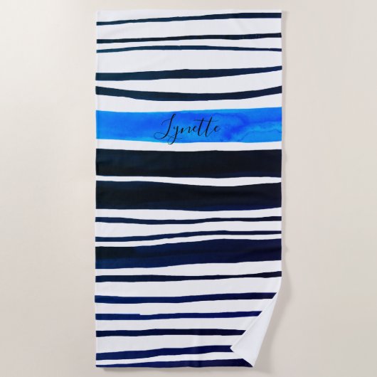 Serviette De Plage Bandes peintes en noir, blanc, bleu méditerranéen (Devant)