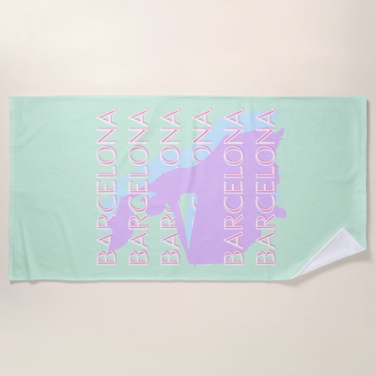 Serviette De Plage Barcelone Art Voyage, Espagne Art, Pastel, Vert (Devant)