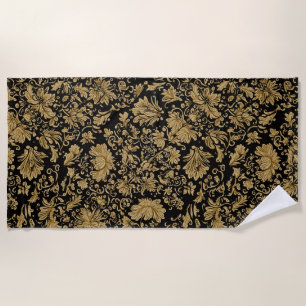 Serviette De Plage Baroque Floral Doré Tout en Noir