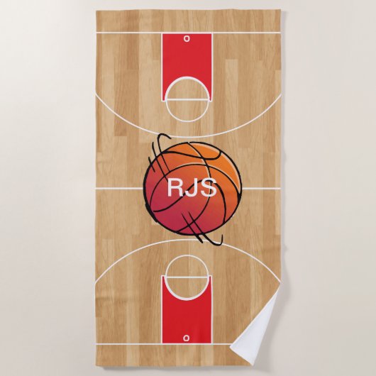 Serviette De Plage Basket-ball de monogramme sur le terrain de basket (Devant)