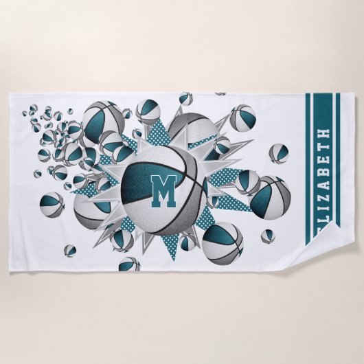 Serviette De Plage Basket gris turquoise étoiles filles monogrammed (Devant)