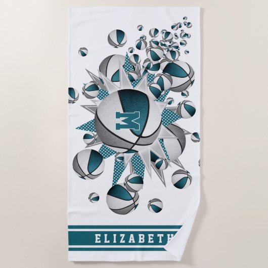 Serviette De Plage Basket gris turquoise étoiles filles monogrammed (Devant)
