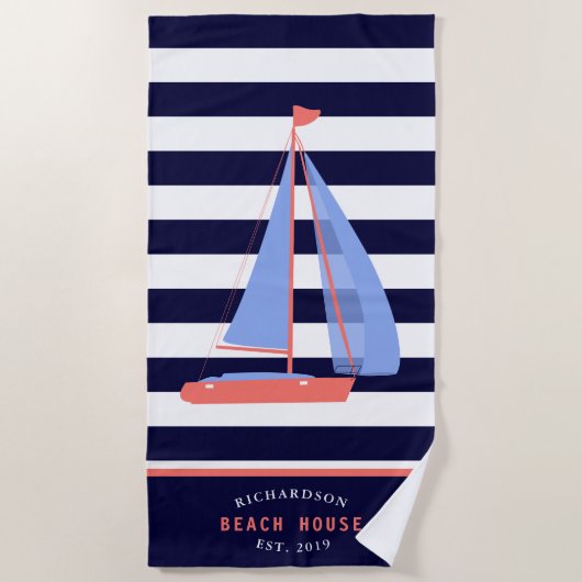 Serviette De Plage Bateau nautique Nom de famille Marine Blue Beach H (Devant)
