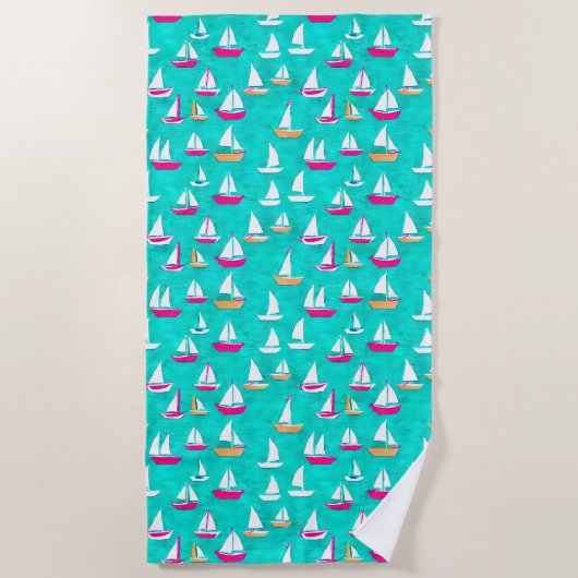 Serviette De Plage Bateaux à voile Motif Rose & Aqua (Devant)