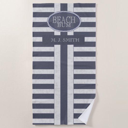 Serviette De Plage Beach Bum Bold Nautical Stripes and Name (Devant)