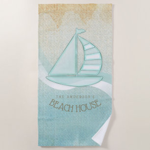 Serviette De Plage Beach House Nautical Voilier Aqua Blue ID623