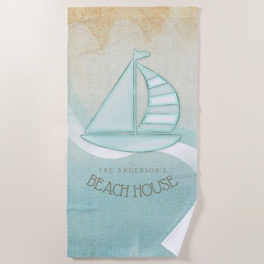 Serviette De Plage Beach House Nautical Voilier Aqua Blue ID623 (Devant)