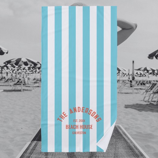 Serviette De Plage Beach House Nom de famille Blue Cabana Stripe