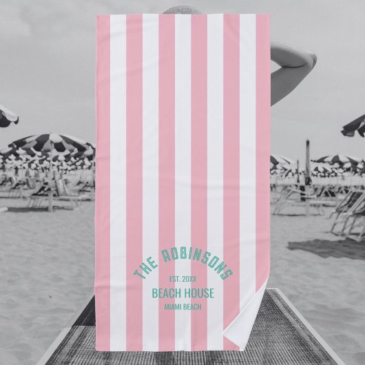 Serviette De Plage Beach House Nom de famille Pink Cabana Stripe