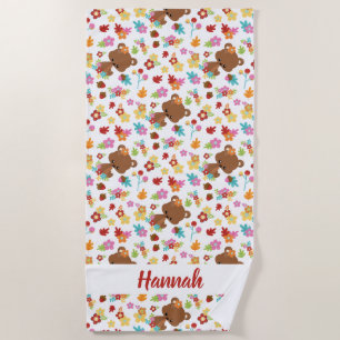 Serviette De Plage Bear mignonne & Petite fille feuille Nom personnal