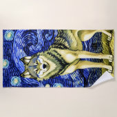 Serviette De Plage Beau loup dans la nuit étoilée bleue (Devant)