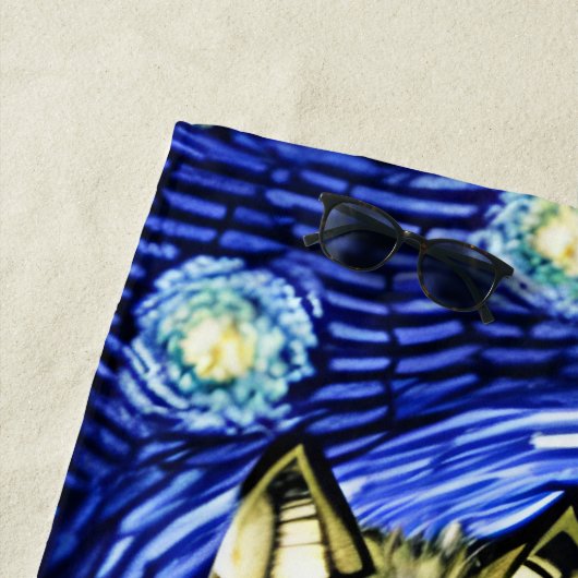 Serviette De Plage Beau loup dans la nuit étoilée bleue (En situation)