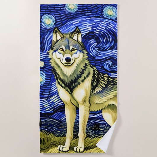 Serviette De Plage Beau loup dans la nuit étoilée bleue (Devant)