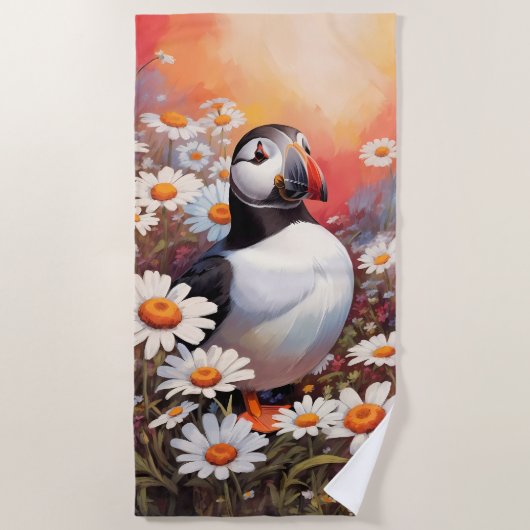 Serviette De Plage Beau Puffin Dans Le Champ Maisy (Devant)