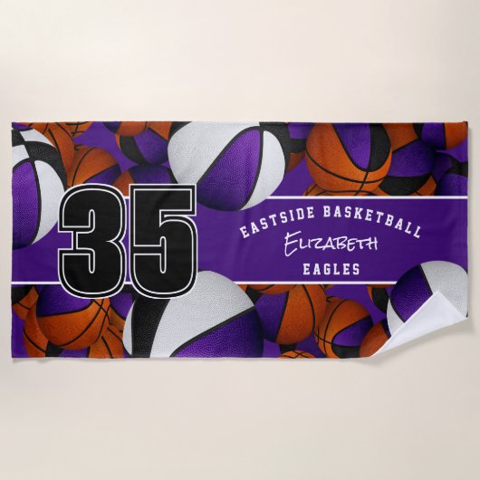 Serviette De Plage Beaucoup de boules de basket violet noir couleurs (Devant)