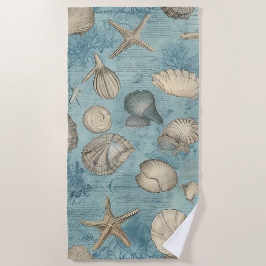 Serviette De Plage Beaux Coquillages Vintages En Bleu (Devant)