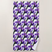 Serviette De Plage Beaux Iris Violets / Fleur d'Iris sur Fond Blanc (Devant)