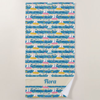 Serviette De Plage Beaux voiliers roses rétro sur bandes bleues