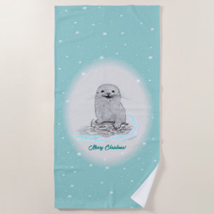 Serviette De Plage Bébé loutre de mer blanche mignonne, Joyeux Noël