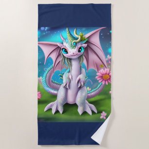 Serviette De Plage Bébé mignon et souriant Dragon aux fleurs