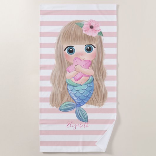 Serviette De Plage Bébé Sirène Mignonne, Rayures (Devant)